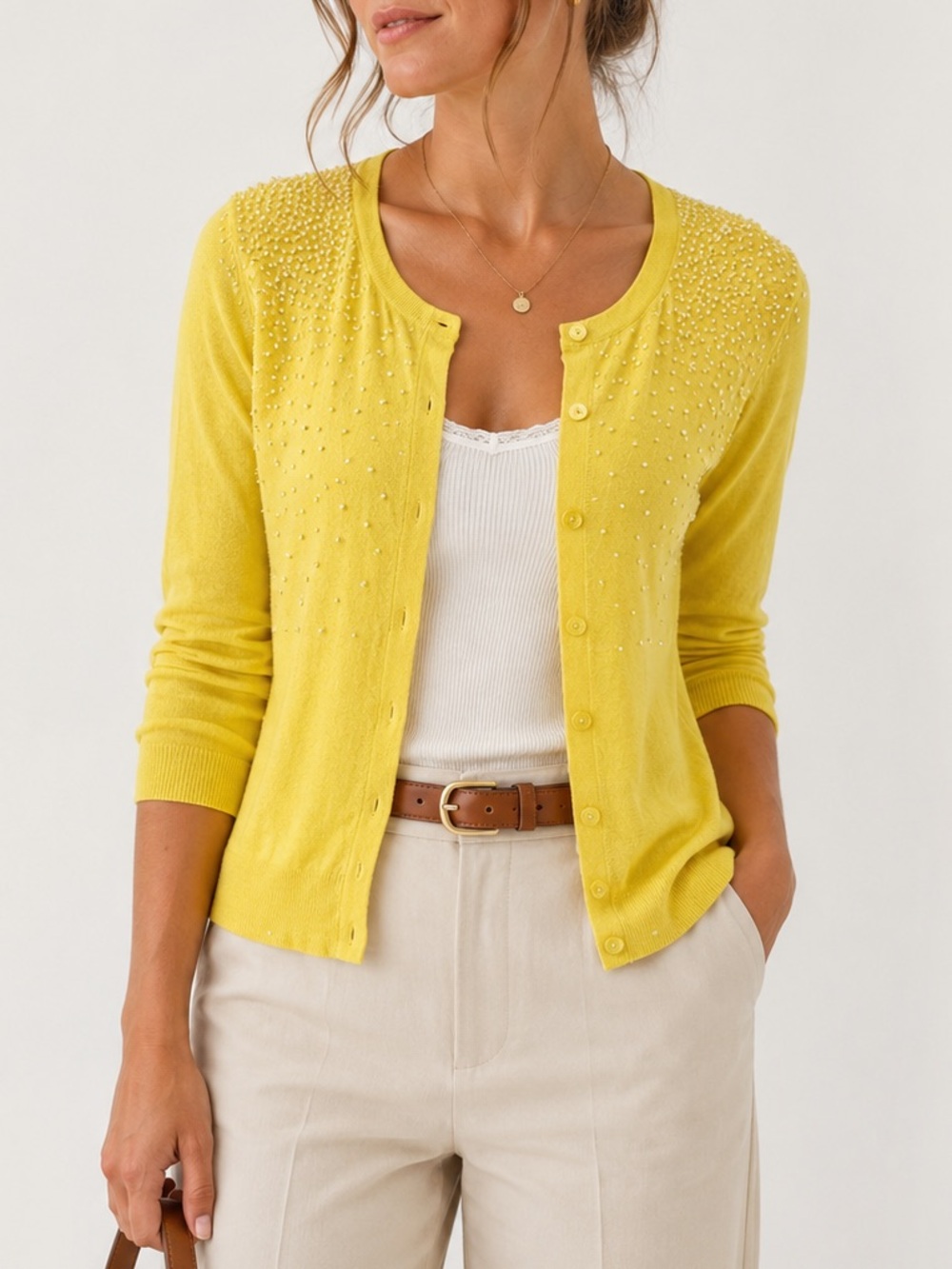 The Limited Yellow Beaded Cardigan Lightweight Cotton Sweater | Medium